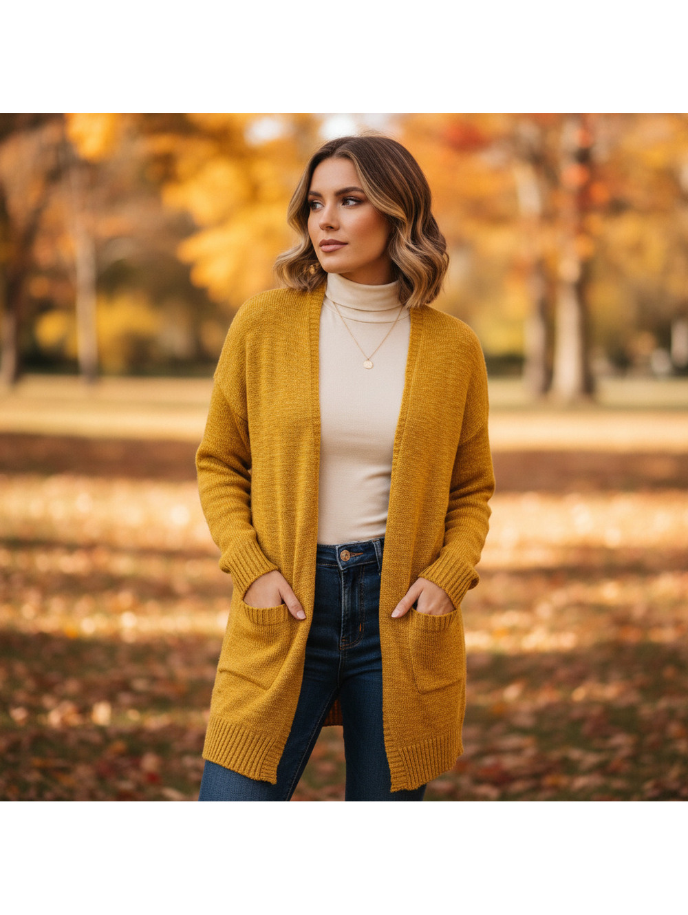 Hopely Cardigan, Size L, Mustard Gold, Pockets, Close Knit Pattern